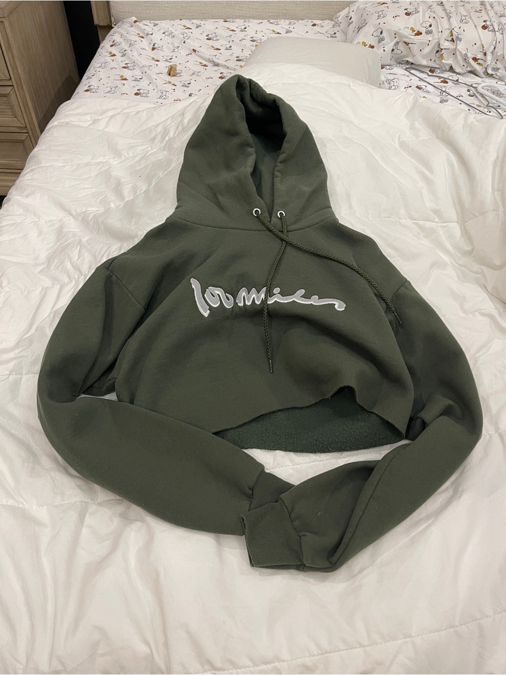 Cropped Olive Green Hoodie Sweater with Script Detail